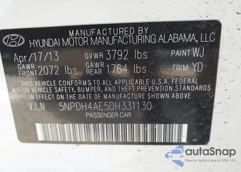 2013 Hyundai Elantra Gls from USA, damaged, VIN 5NPDH4AE5DH331130